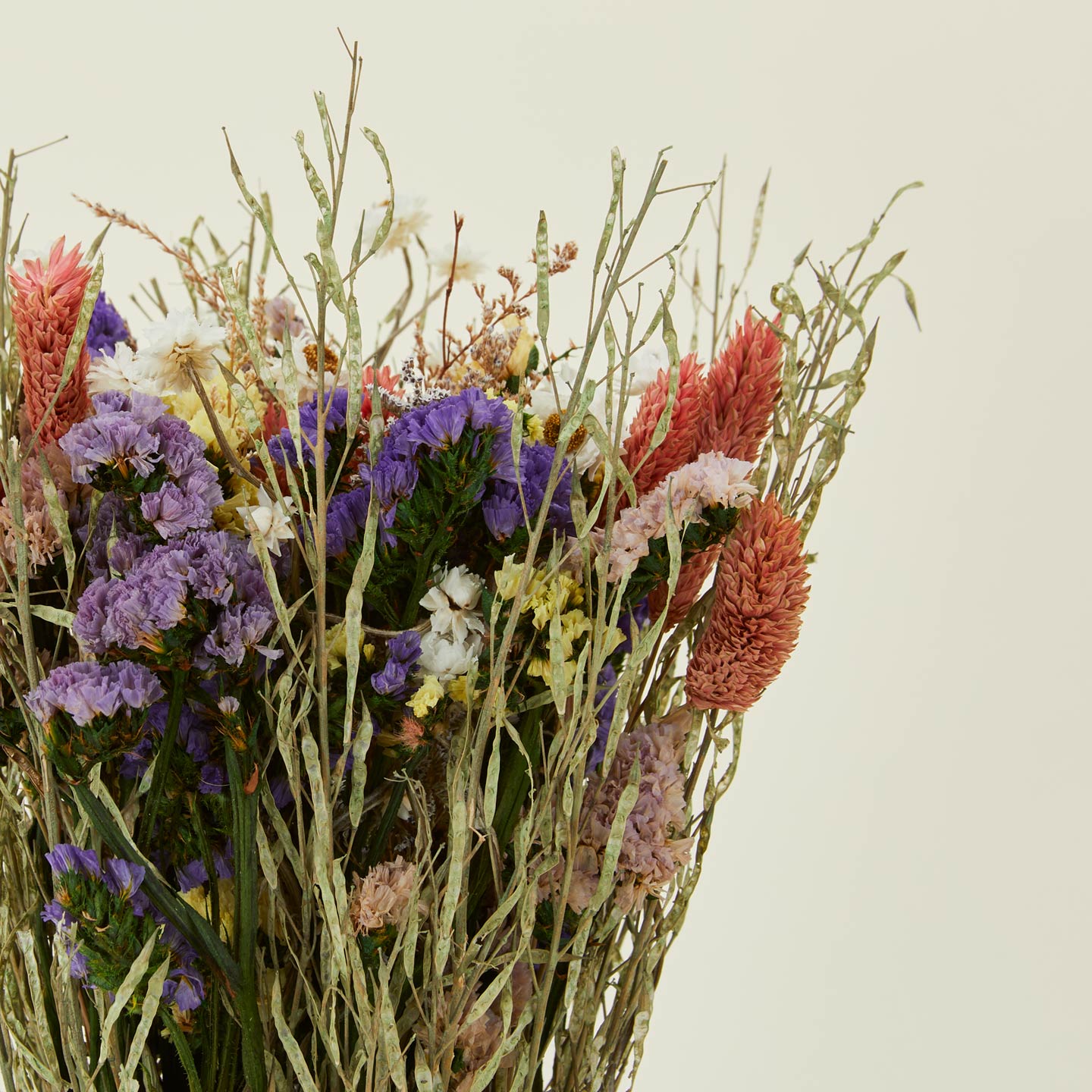 Close up view of Cottage dried floral bouquet.