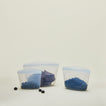 Silicone sandwich bags in three sizes with food.
